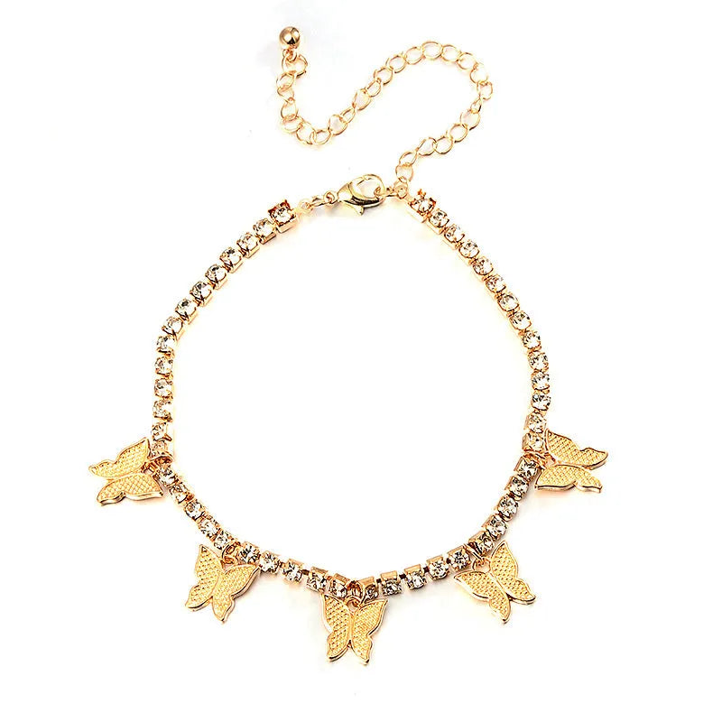 Rhinestone butterfly Cuban link anklet for women in alloy with diamond-encrusted finish, gold tone, adjustable 24+8 cm leg chain