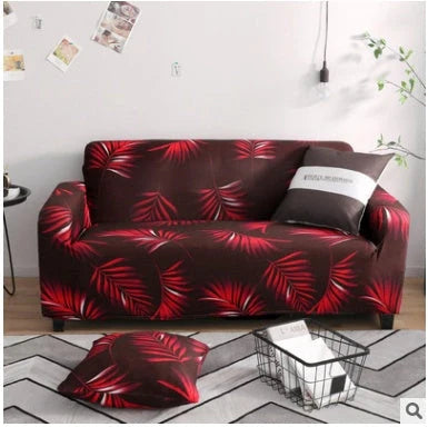 Printed stretchable sofa slipcover covering a three-seater sofa in a modern geometric pattern
