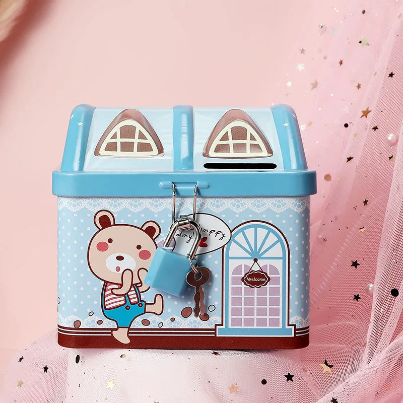Blue house-shaped tinplate piggy bank coin box for desktop storage