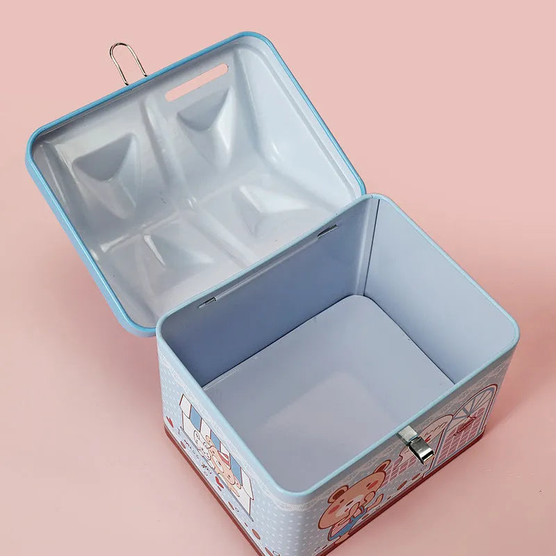 Blue house-shaped tinplate piggy bank coin box for desktop storage