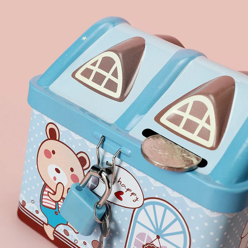 Blue house-shaped tinplate piggy bank coin box for desktop storage