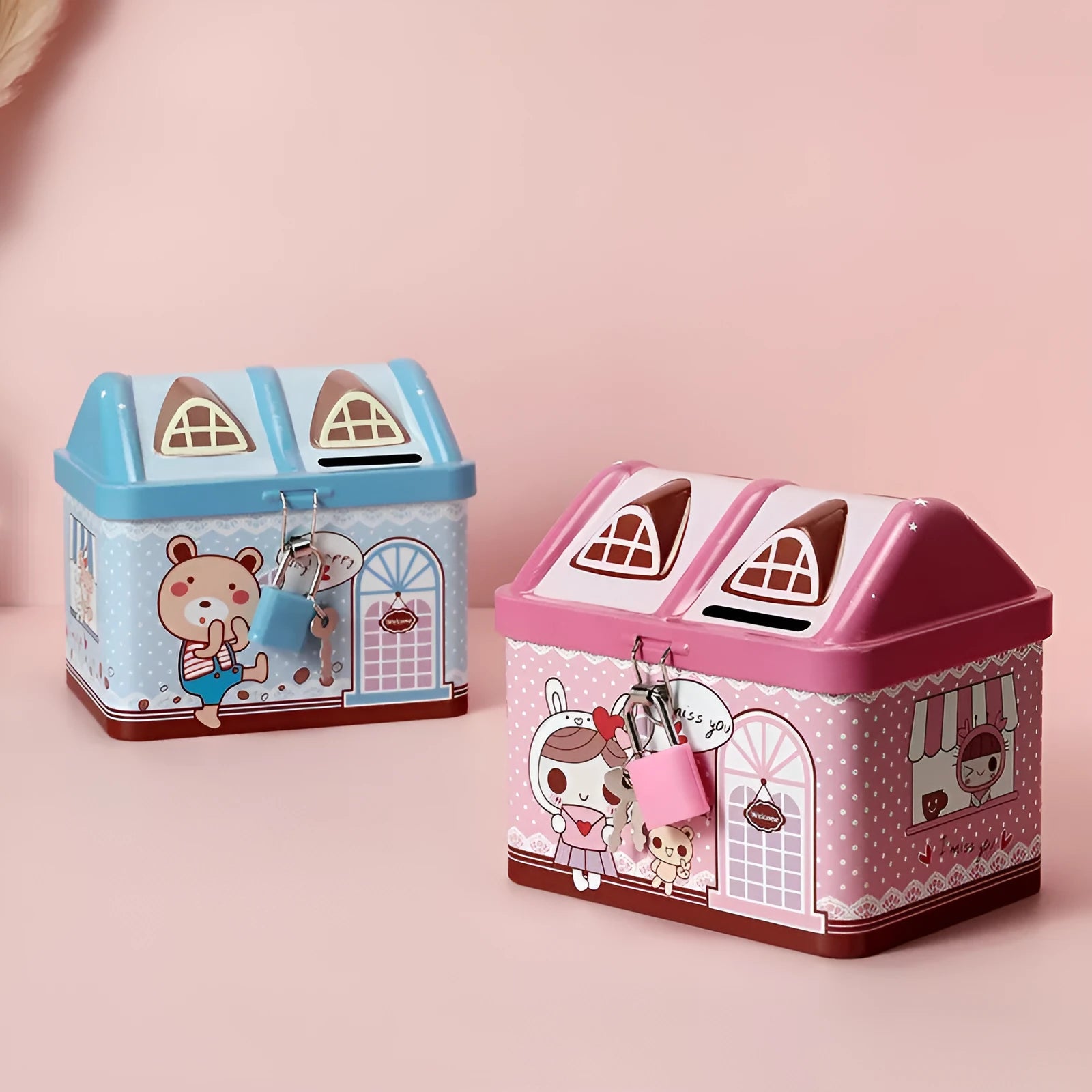 Blue house-shaped tinplate piggy bank coin box for desktop storage