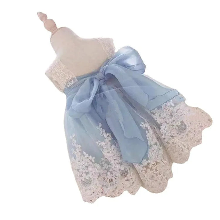 Ocean blue princess dress for baby girls with lace detailing, shown on hanger