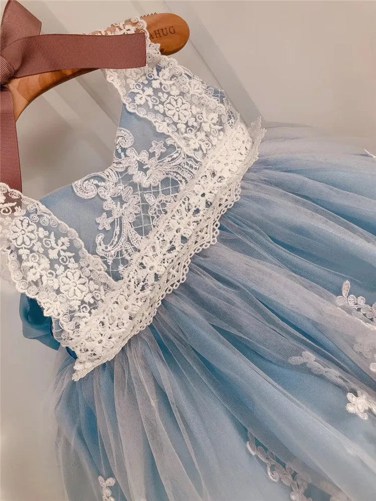 Ocean blue princess dress for baby girls with lace detailing, shown on hanger