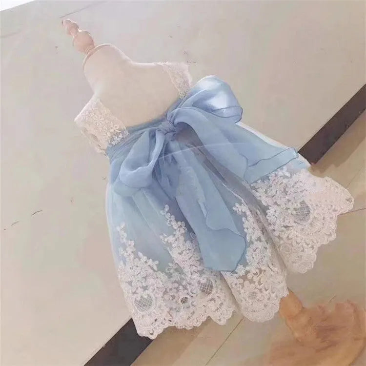 Ocean blue princess dress for baby girls with lace detailing, shown on hanger