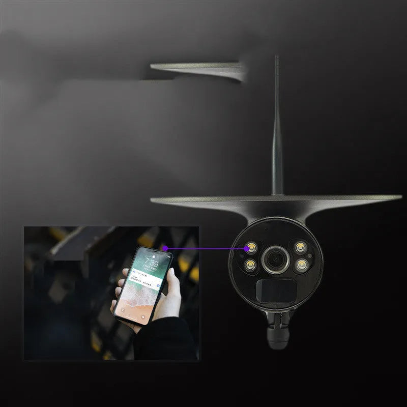 Solar wireless 4G WIFI outdoor security camera with 1080P HD lens in black metal and plastic housing