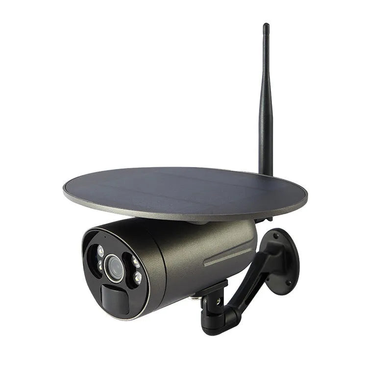 Solar wireless 4G WIFI outdoor security camera with 1080P HD lens in black metal and plastic housing