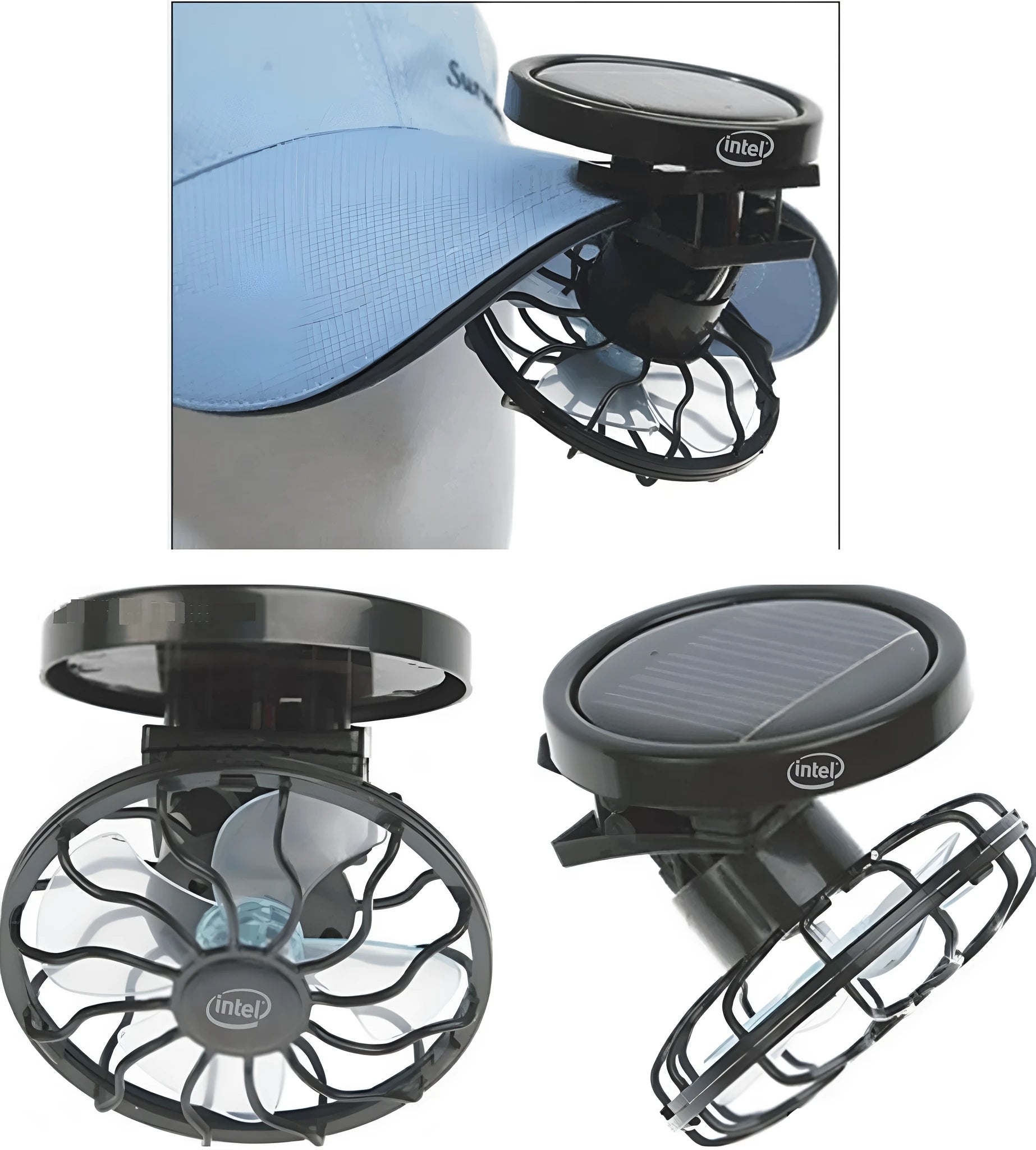 Black clip-on solar fan with rectangular or round base for outdoor cooling