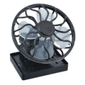 Black clip-on solar fan with rectangular or round base for outdoor cooling