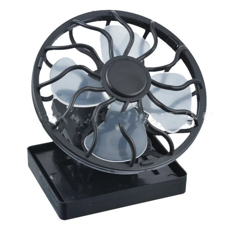 Black clip-on solar fan with rectangular or round base for outdoor cooling