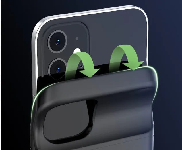 Black ultra-thin TPU wireless back clip battery for iPhone 12 with a multi-port output.