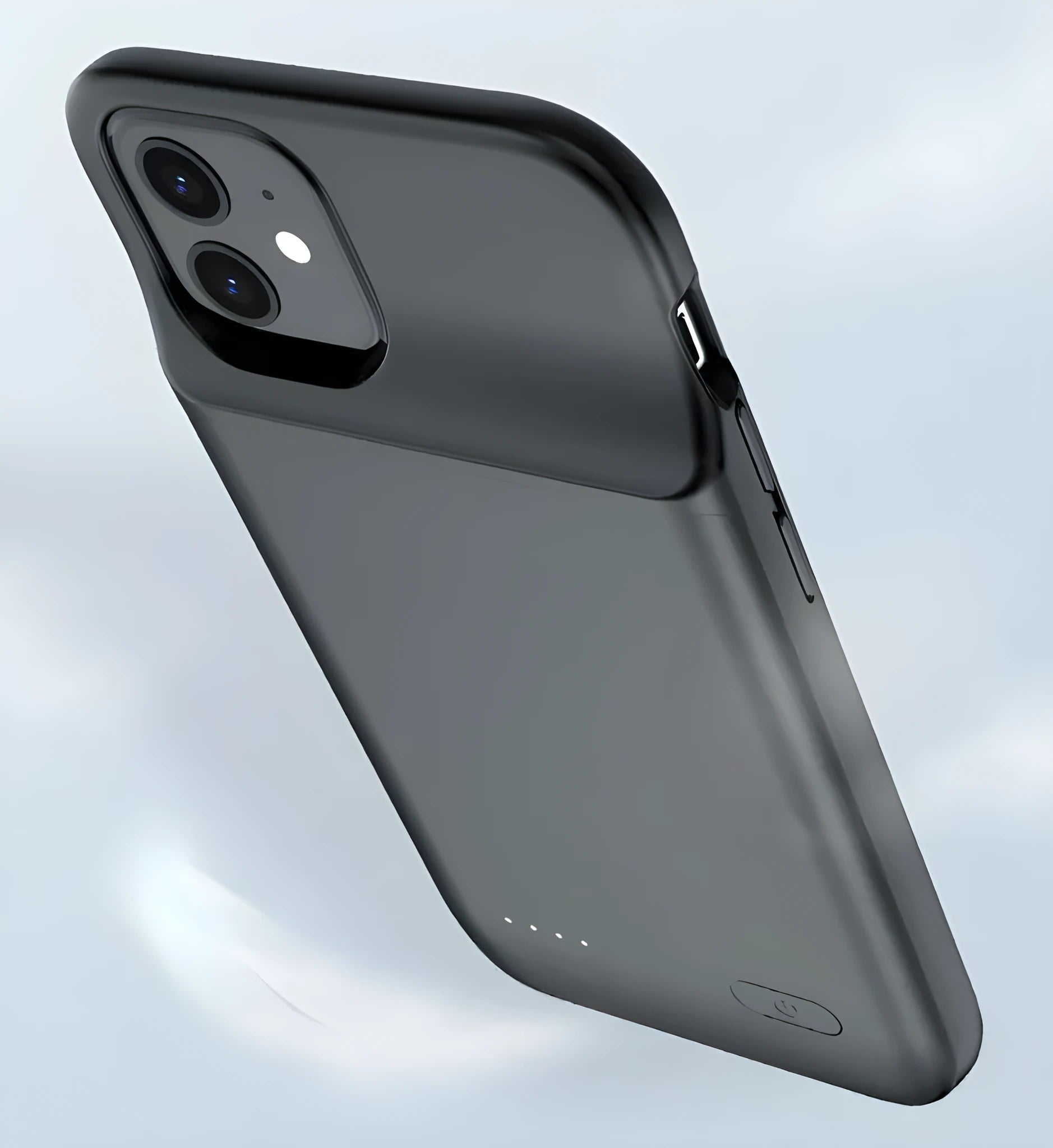 Black ultra-thin TPU wireless back clip battery for iPhone 12 with a multi-port output.