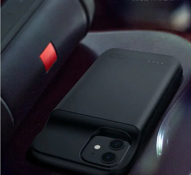 Black ultra-thin TPU wireless back clip battery for iPhone 12 with a multi-port output.