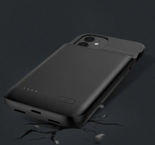 Black ultra-thin TPU wireless back clip battery for iPhone 12 with a multi-port output.