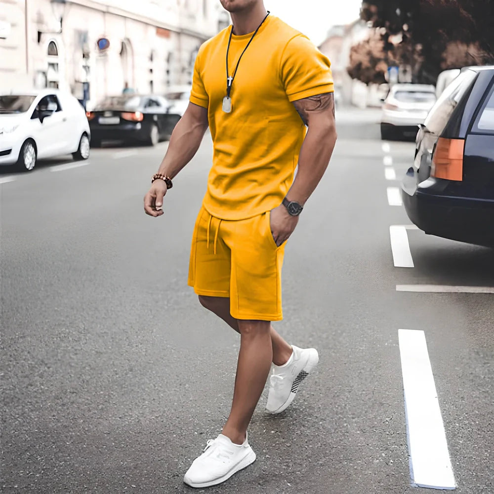 Pink short sleeve T-shirt and shorts two-piece set, sizes S-XXXL, general thickness for sports leisure