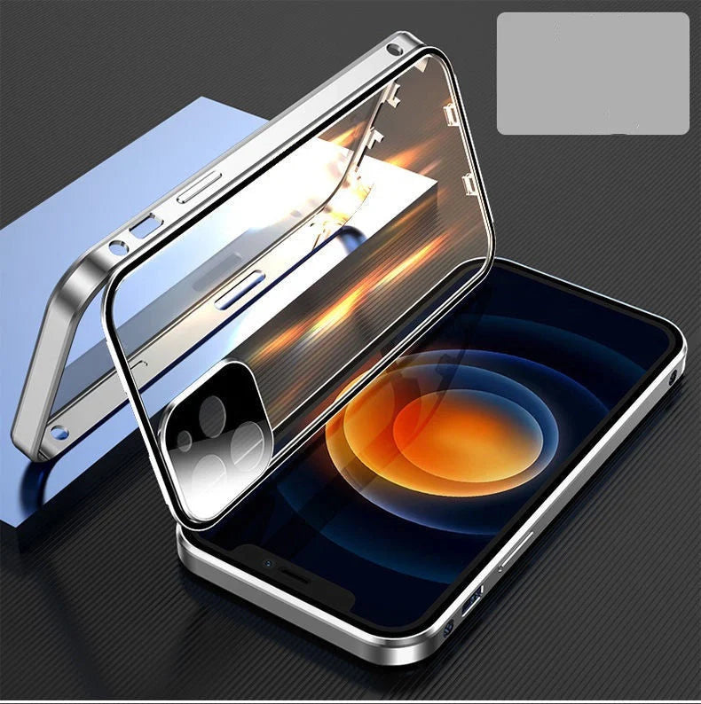 Metal frame and tempered glass iPhone case for robust protection and sleek design