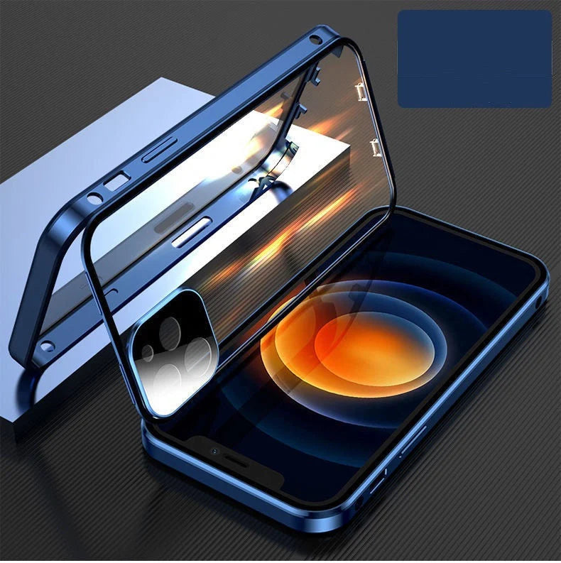Metal frame and tempered glass iPhone case for robust protection and sleek design
