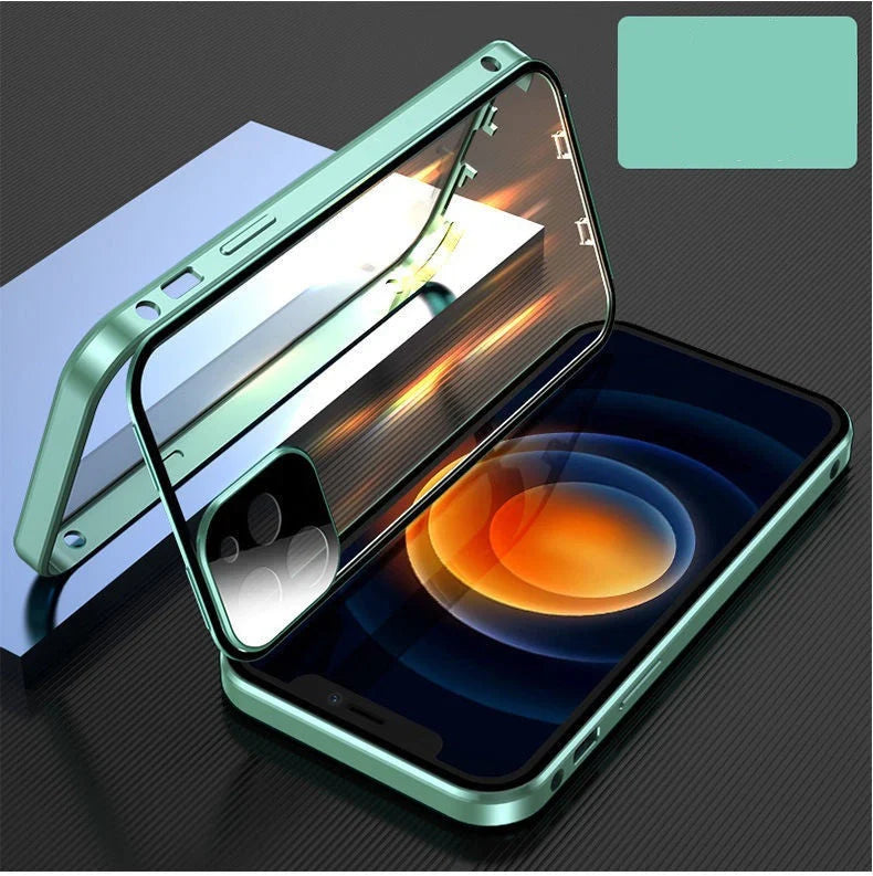 Metal frame and tempered glass iPhone case for robust protection and sleek design