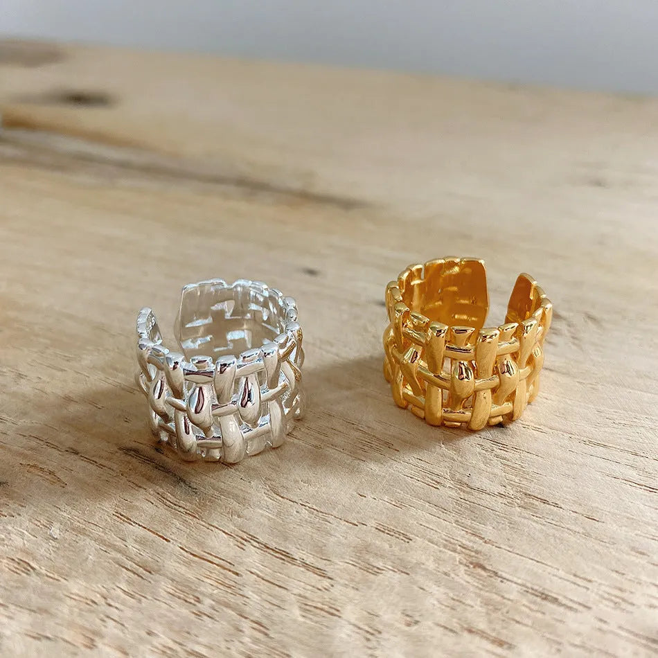Woven ring for women, hollow cross design, wide band, brass with electric degree white steel finish, gold and silver options