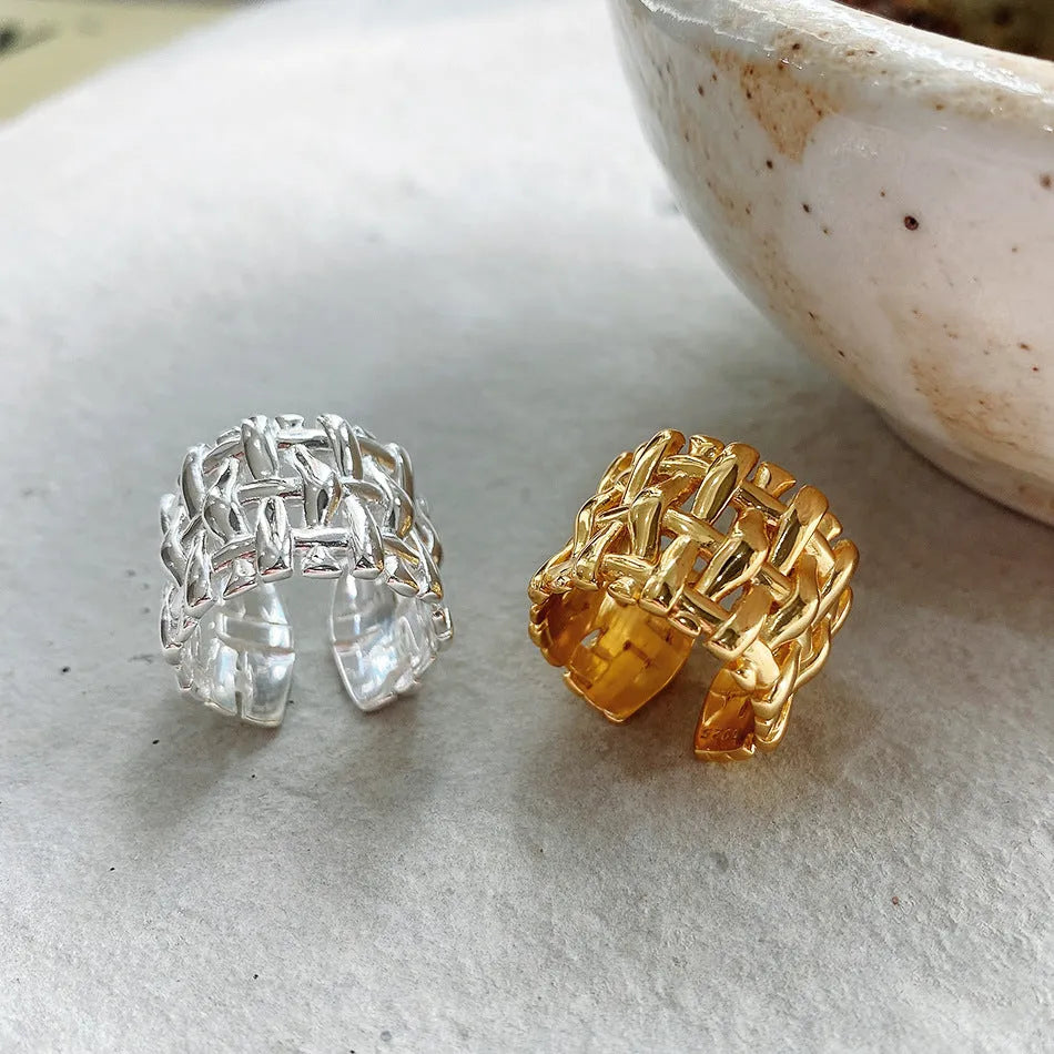 Woven ring for women, hollow cross design, wide band, brass with electric degree white steel finish, gold and silver options