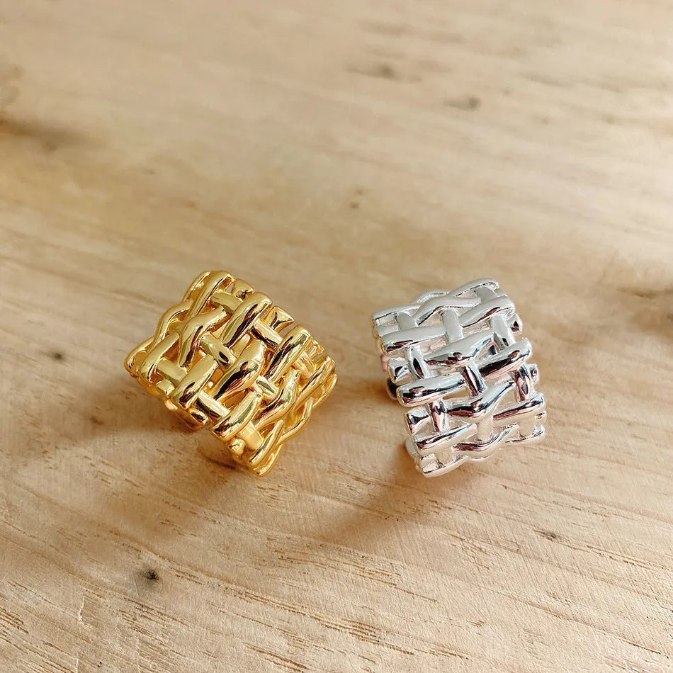 Woven ring for women, hollow cross design, wide band, brass with electric degree white steel finish, gold and silver options