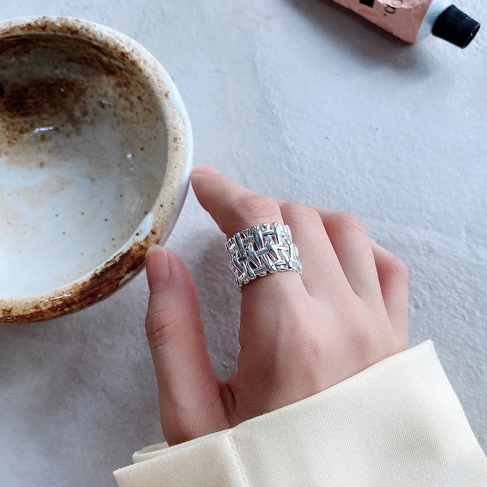 Woven ring for women, hollow cross design, wide band, brass with electric degree white steel finish, gold and silver options