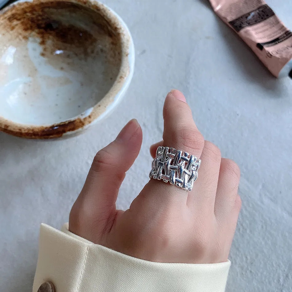 Woven ring for women, hollow cross design, wide band, brass with electric degree white steel finish, gold and silver options