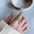 Woven ring for women, hollow cross design, wide band, brass with electric degree white steel finish, gold and silver options