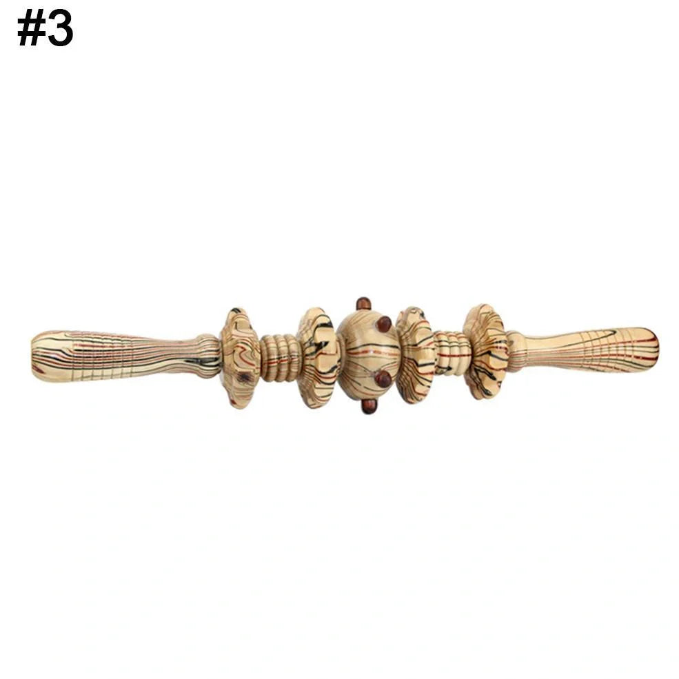 Wooden roller massage stick showing 39 cm length with 18 cm roller section and steel shaft construction