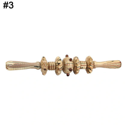 Wooden roller massage stick showing 39 cm length with 18 cm roller section and steel shaft construction