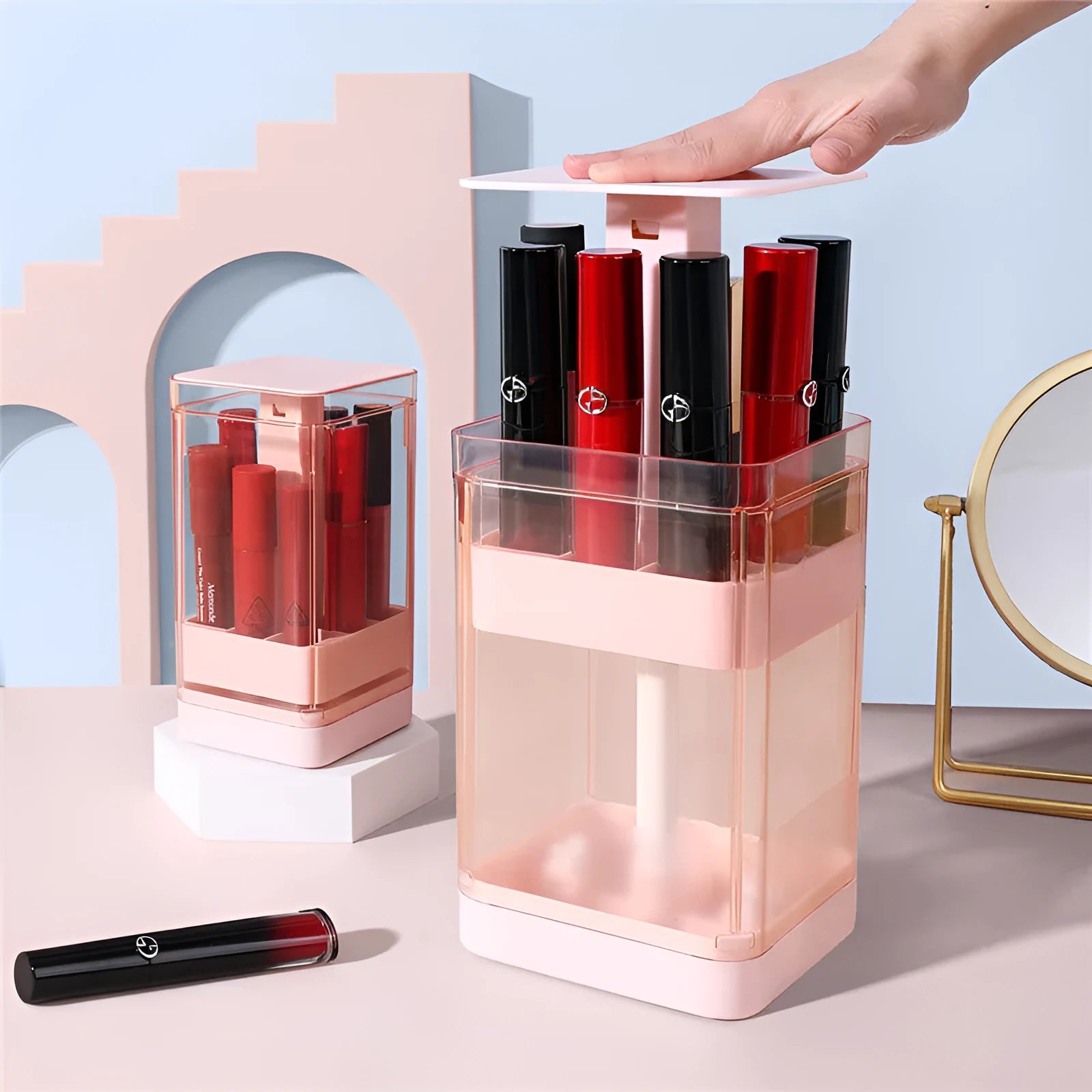 Press-lift lipstick storage box in pink or white with transparent dust cover showing 8 or 12 slots