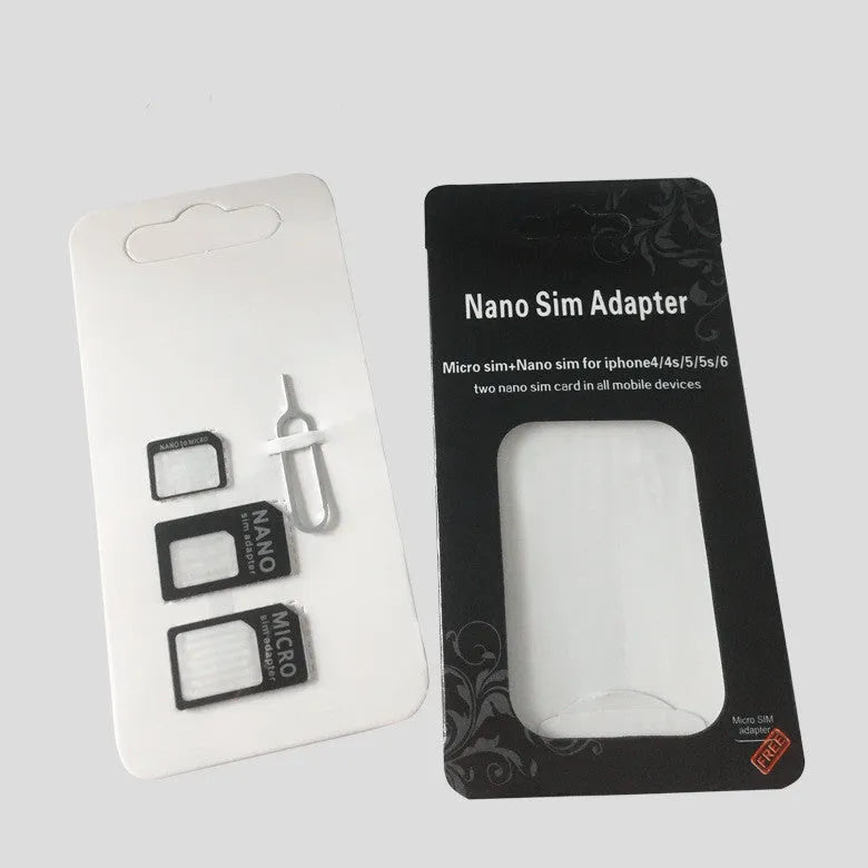 Black and white PVC SIM card holder showing four-in-one conversion feature and measuring 12.3 by 6.8 cm.