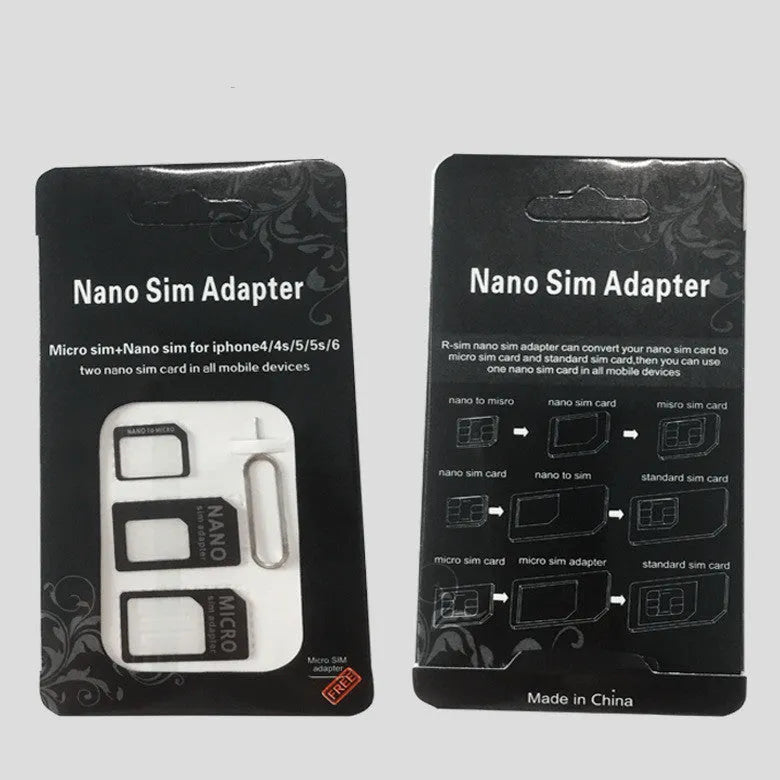 Black and white PVC SIM card holder showing four-in-one conversion feature and measuring 12.3 by 6.8 cm.