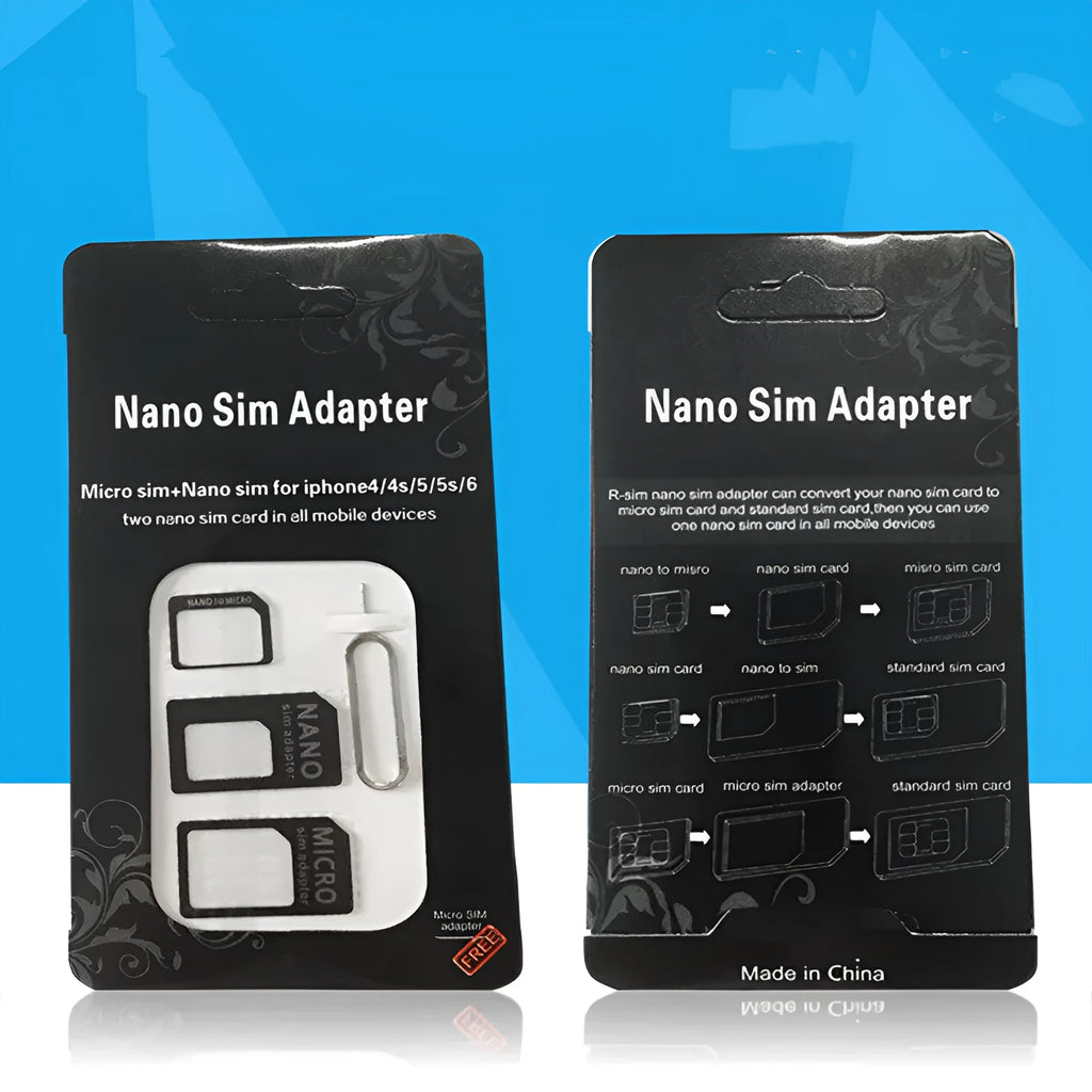 Black and white PVC SIM card holder showing four-in-one conversion feature and measuring 12.3 by 6.8 cm.