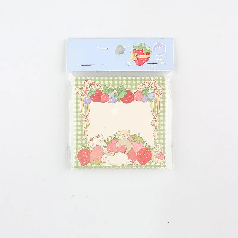 MINKYS kawaii milk strawberry memo pad showing 80x80mm dimensions and berry colour options