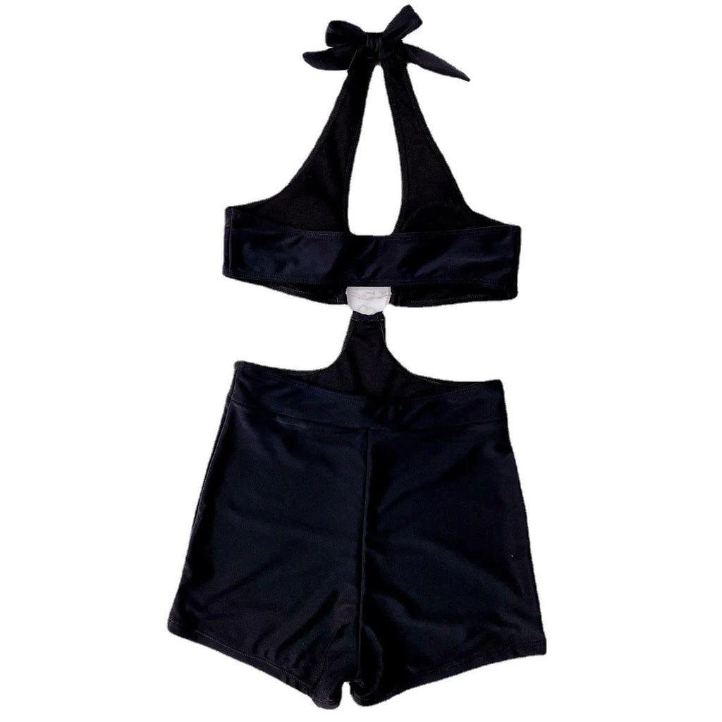 Floral gathered three-point one-piece swimsuit for women in black, with built-in chest pad and open back, quick-drying nylon fabric