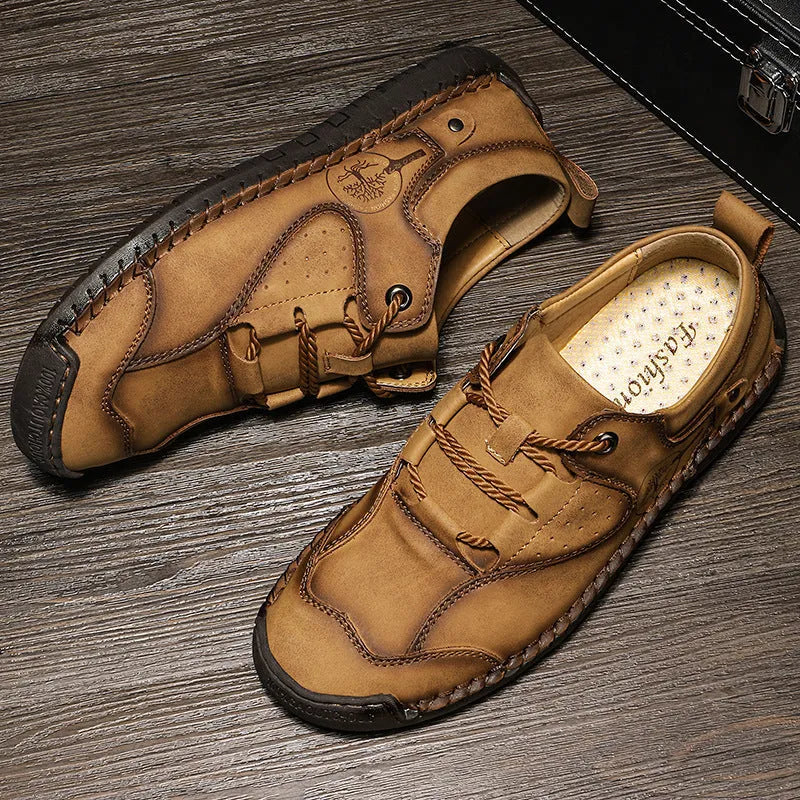 Men's plain round toe casual leather shoes in black, gold, and khaki colours on a white background.