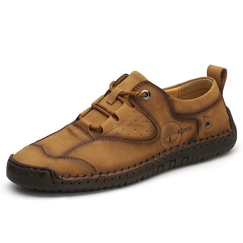 Men's plain round toe casual leather shoes in black, gold, and khaki colours on a white background.