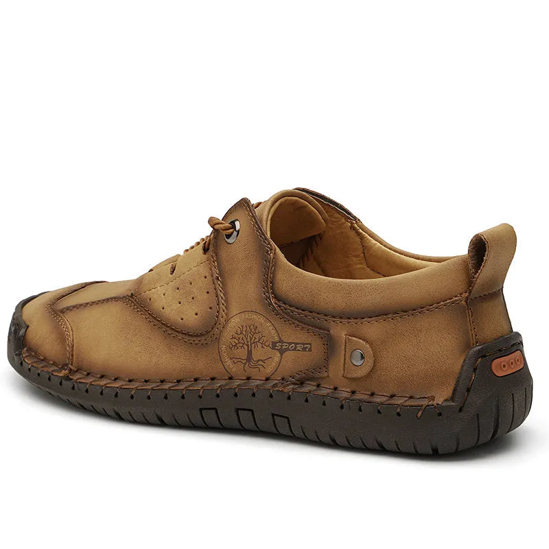 Men's plain round toe casual leather shoes in black, gold, and khaki colours on a white background.
