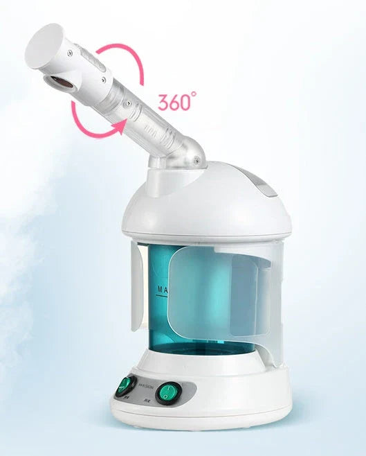 Advanced facial steamer with large water tank, rotating nozzle, and ionic steam technology for a rejuvenating at-home spa experience