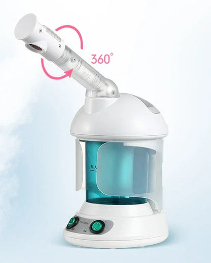 Advanced facial steamer with large water tank, rotating nozzle, and ionic steam technology for a rejuvenating at-home spa experience