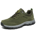 Men's large size low-cut outdoor hiking shoes in army green, with breathable mesh lining visible.