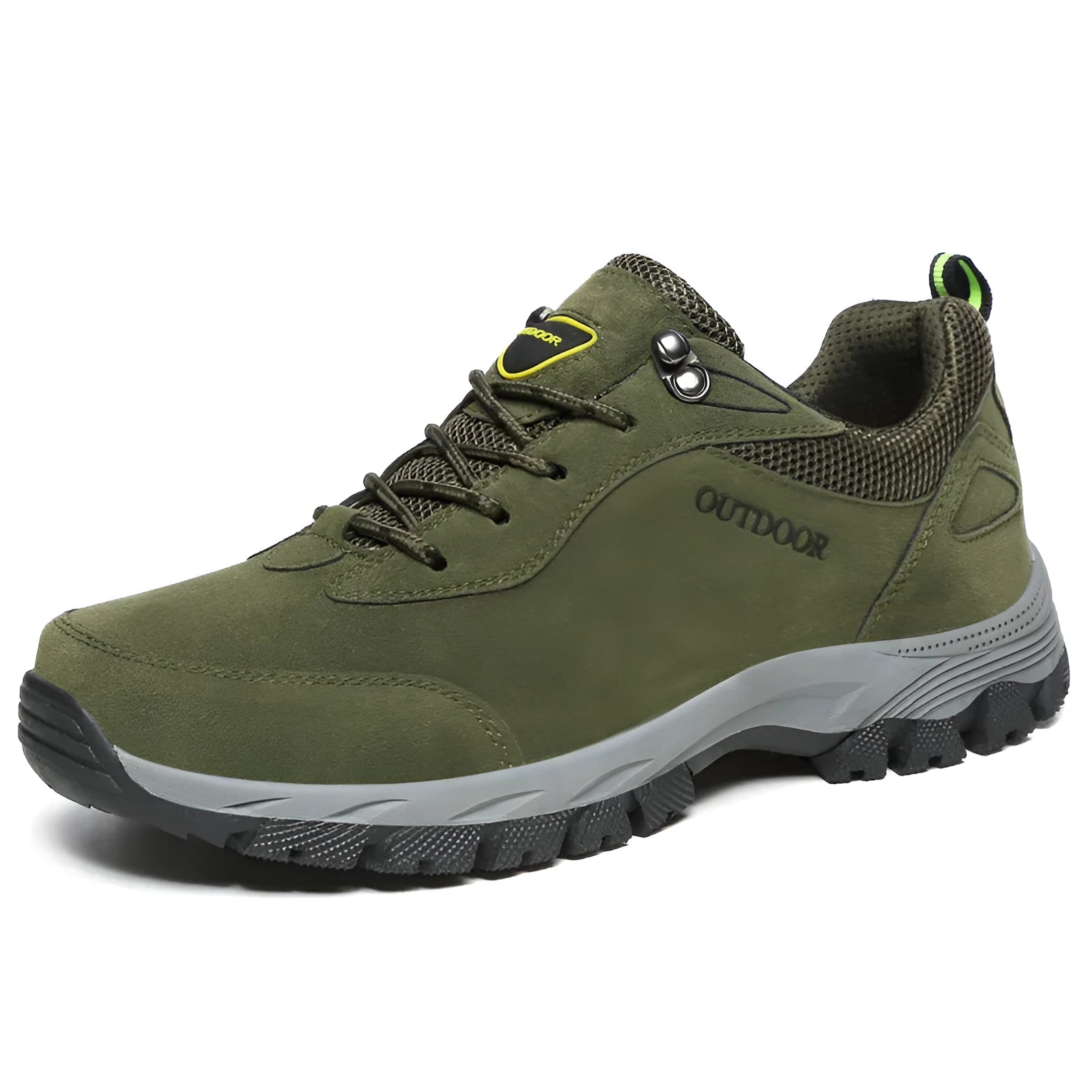 Men's large size low-cut outdoor hiking shoes in army green, with breathable mesh lining visible.