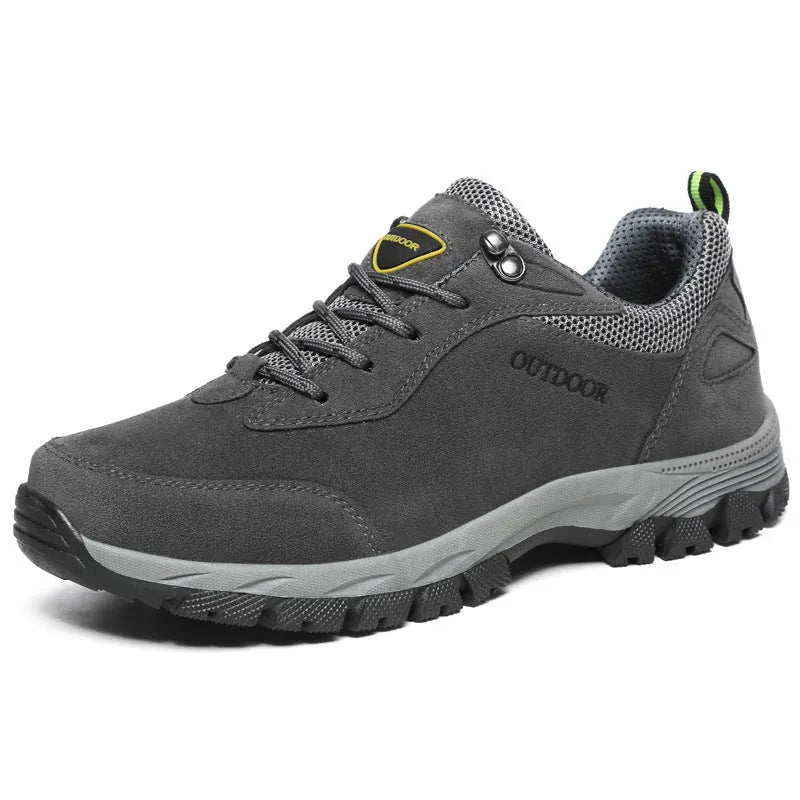 Men's large size low-cut outdoor hiking shoes in army green, with breathable mesh lining visible.