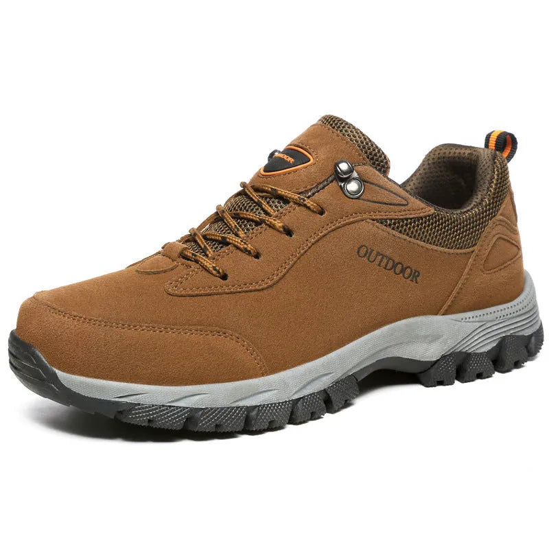 Men's large size low-cut outdoor hiking shoes in army green, with breathable mesh lining visible.