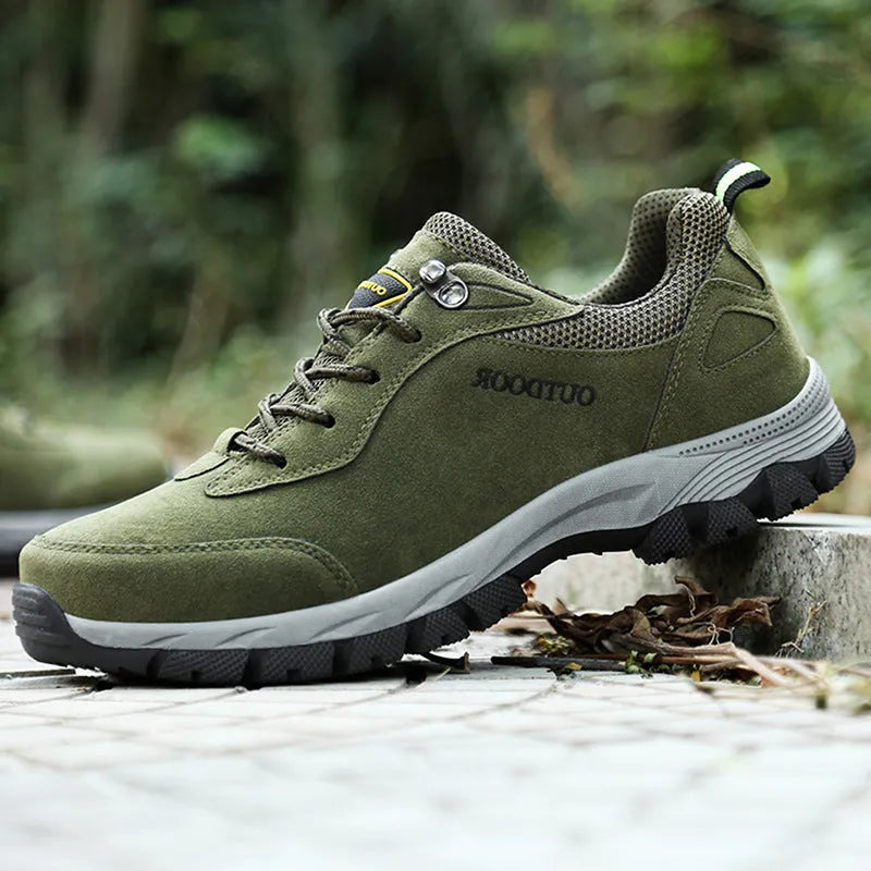 Men's large size low-cut outdoor hiking shoes in army green, with breathable mesh lining visible.