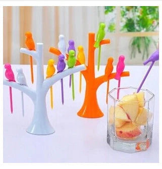 Kids' plastic fruit fork set with tree and birds design in vibrant colours