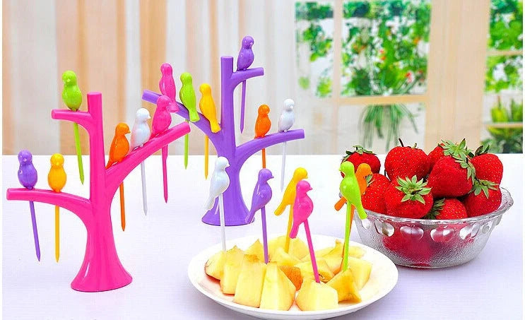 Kids' plastic fruit fork set with tree and birds design in vibrant colours