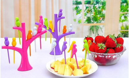 Kids' plastic fruit fork set with tree and birds design in vibrant colours