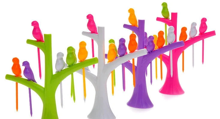 Kids' plastic fruit fork set with tree and birds design in vibrant colours